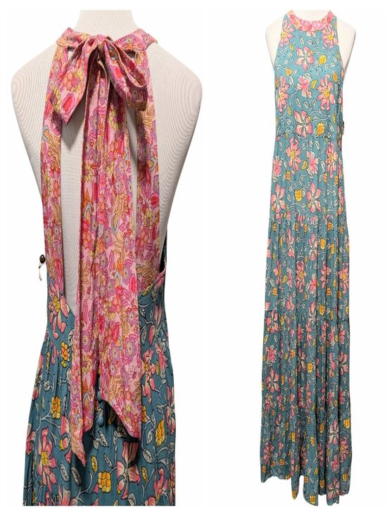 Natural Life Dresses & Skirts - Natural Life Women NWT Sz L Halle Teal Pink Floral Halter Tier Ruffle Maxi Dress